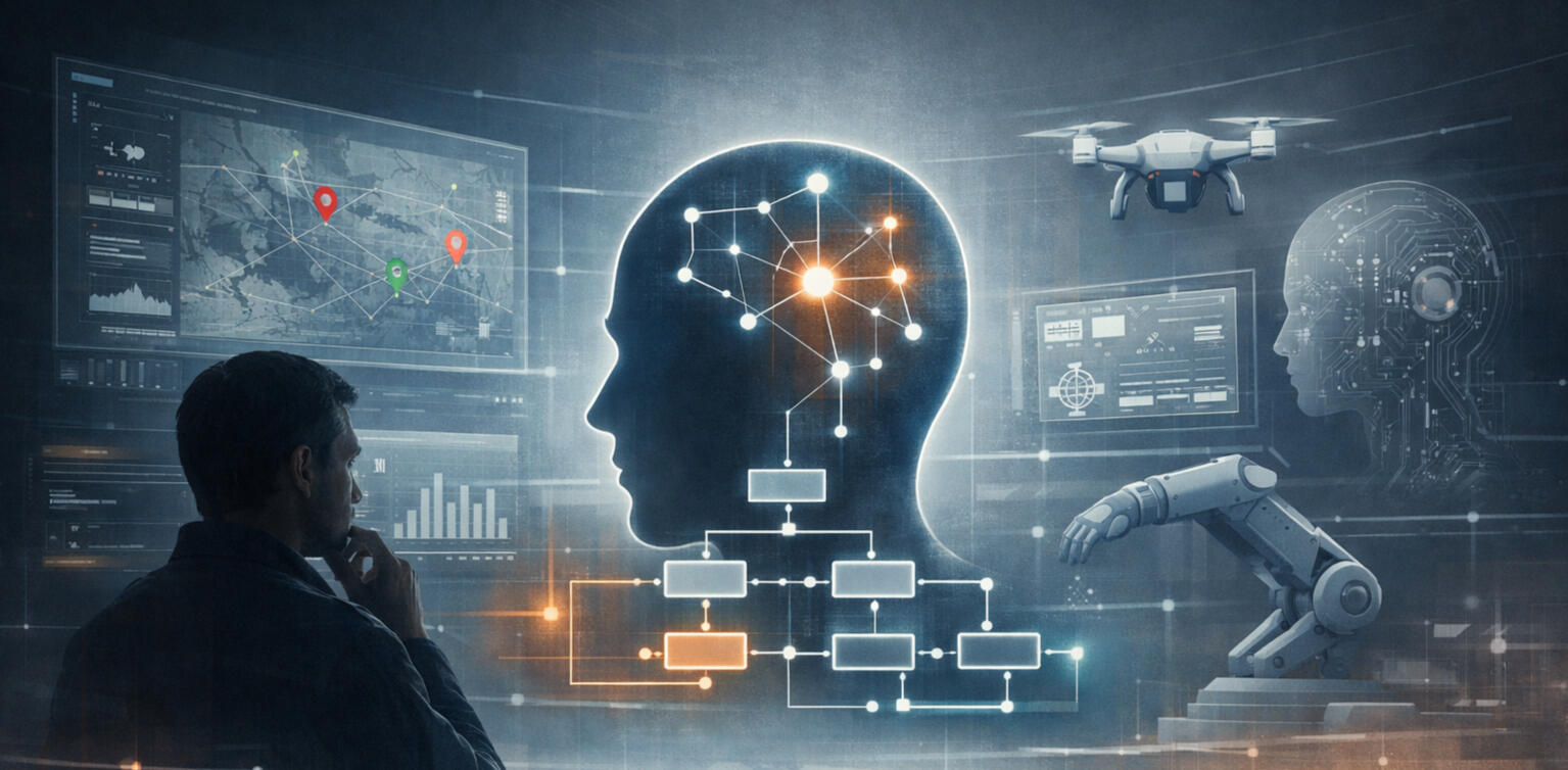 Routing Matters — Workflow Awareness and Escalation Paths Take Shape Human silhouette overlaid with flow diagrams and system interfaces, representing growing awareness of how work routes through systems, where escalation paths matter, and authority requires visibility.