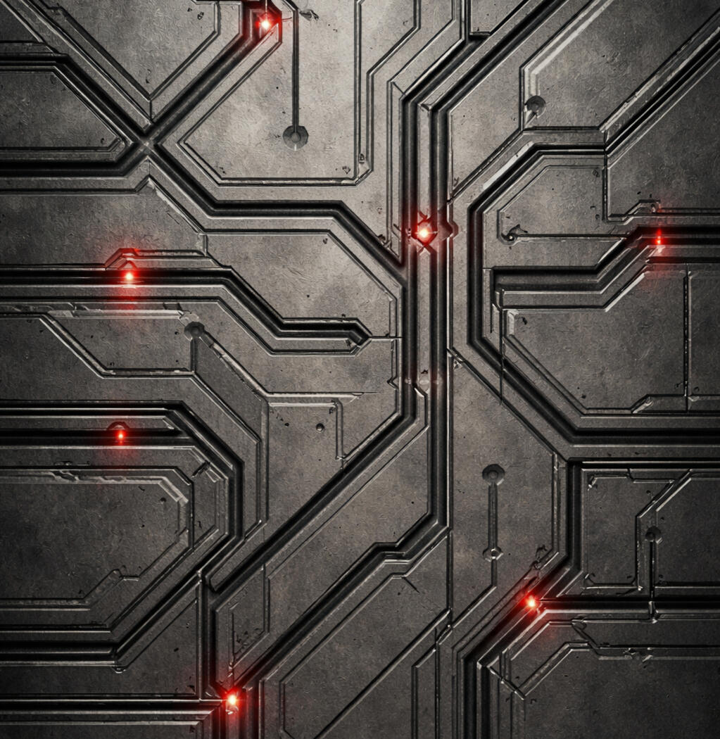 Compliance First — Command-Driven Systems Built to Enforce Rules Abstract circuit-like surface with rigid paths and warning lights, representing early command-based systems designed to enforce compliance through strict rules and controlled outcomes rather than user understanding.