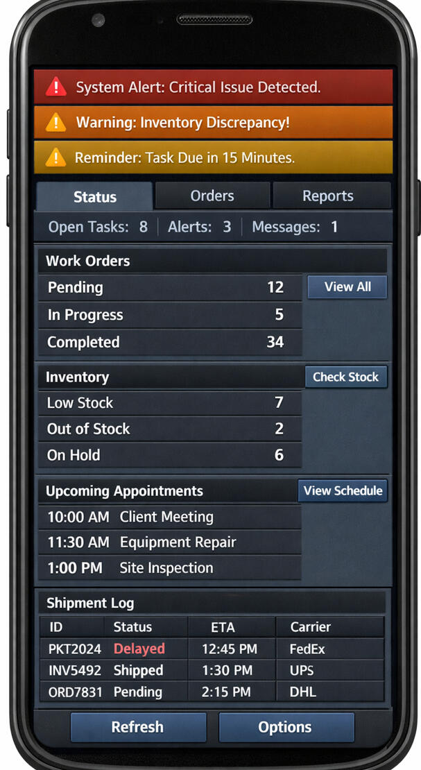 Mobile interface filled with alerts, tasks, and status indicators, representing dense survival-focused systems built for trained staff operating under stress where speed and reliability mattered more than comfort.