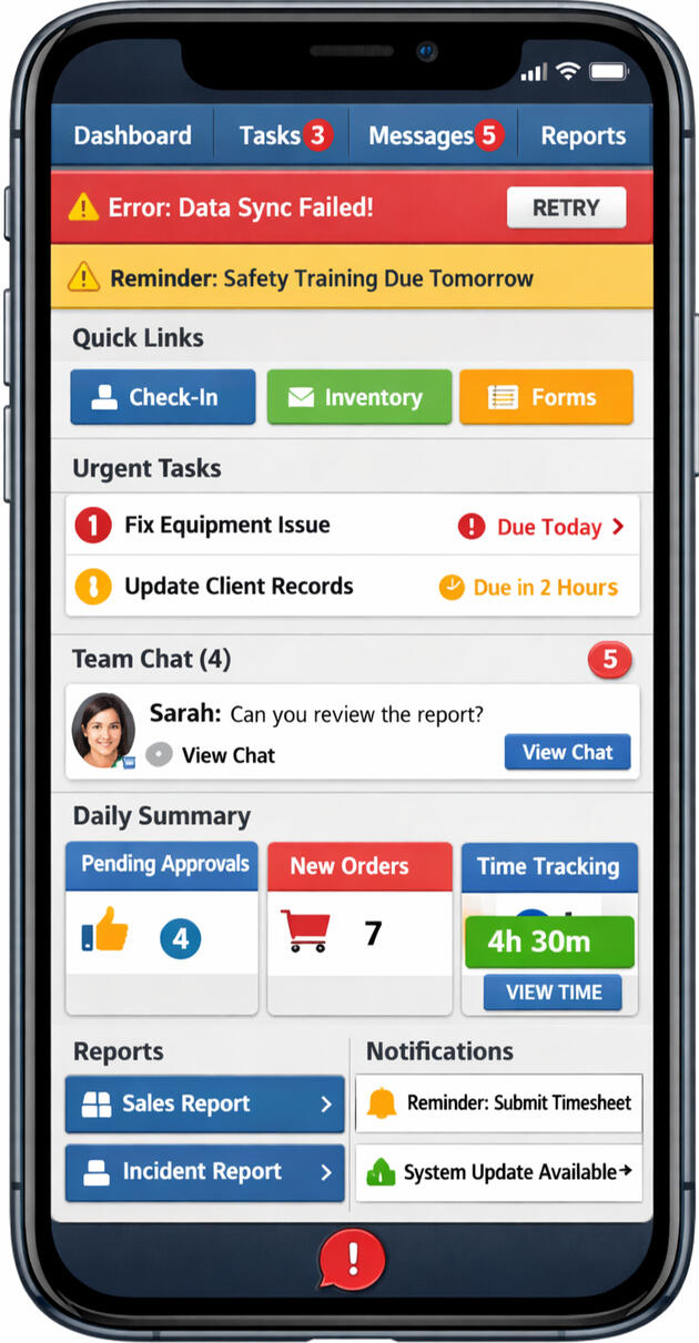 Fragmented Digitization — Many Tools, Little Cohesion Across Systems Mobile interface crowded with alerts, tasks, messages, and dashboards, representing fragmented digitization where organizations adopted many disconnected tools that increased complexity instead of cohesion.