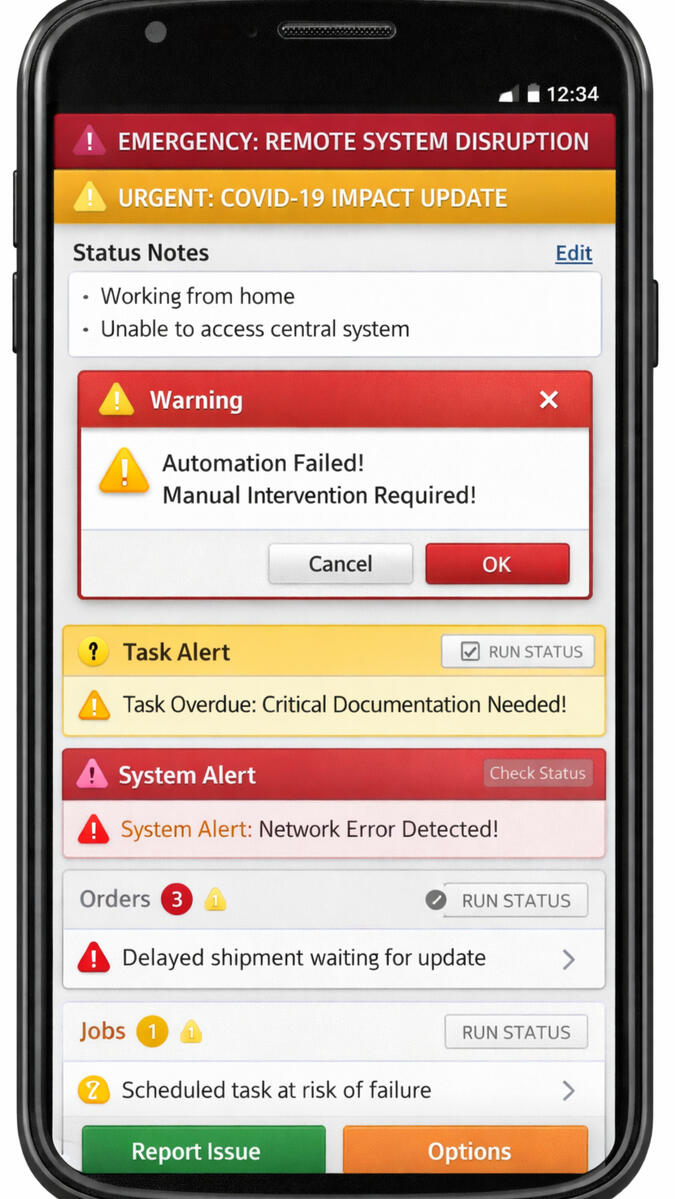 Pressure Test — Systems Forced Into Emergency Use Under Sudden Disruption Mobile interface filled with emergency alerts and failures, representing a pressure test where systems designed for stability were rapidly pushed into crisis conditions and manual intervention became necessary.