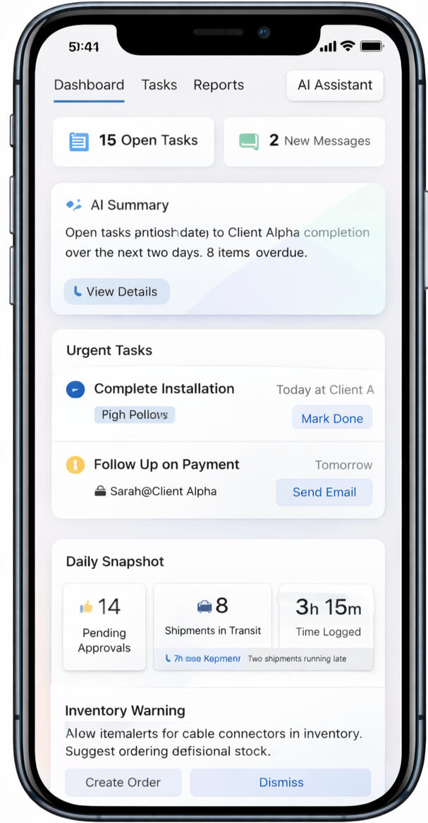 Mobile interface showing AI summaries and task suggestions designed to assist users, representing intelligence with restraint where AI supports work while humans retain authority and control.