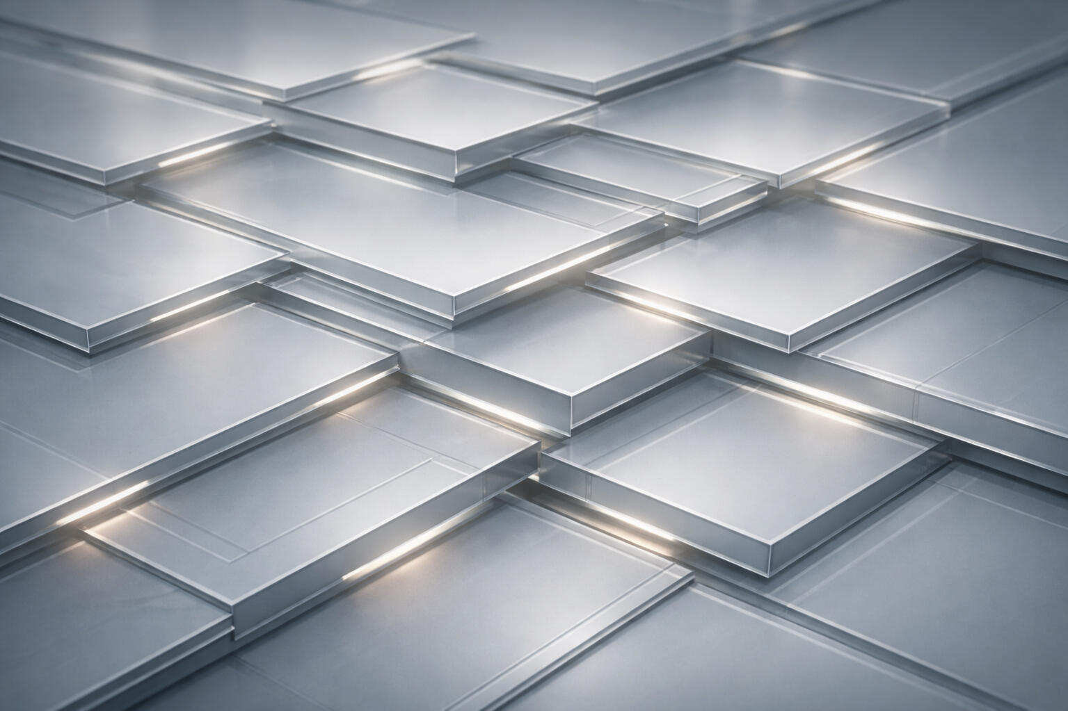 Standardized, Detached — Scale Achieved Through Templates and Abstraction Layered metallic panels arranged uniformly, representing standardized systems built for rapid scale through templates and repetition, where consistency increased but human context and connection diminished.