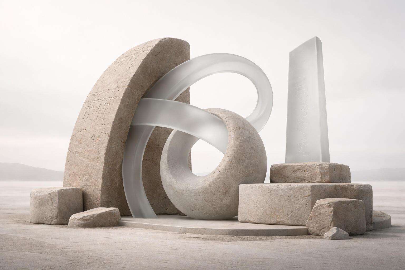 Stone and glass forms arranged in balance, representing stewarded language and system tone designed to remain stable, coherent, and trustworthy over time despite change or staff turnover.