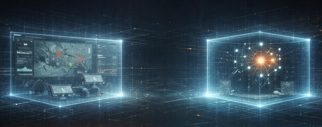 Nothing Talks to Anything — Tool Proliferation Without Integration Two isolated digital systems separated in space, representing a period of tool proliferation where specialized software operated in silos, alerts multiplied, and systems failed to communicate or coordinate.