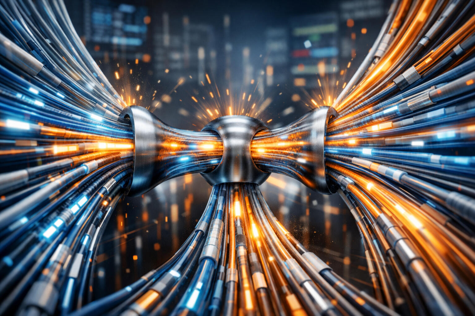 Converging data channels compressed into a bottleneck, representing system stress where communication tools failed, messages stacked, and coordination broke down during emergency conditions.