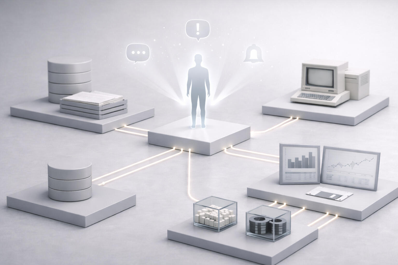 AI as Support — Assisted Operations With Humans Retaining Control Human figure centered among connected systems and data sources, representing AI supporting operations by triaging, summarizing, and flagging signals while humans retained decision authority.