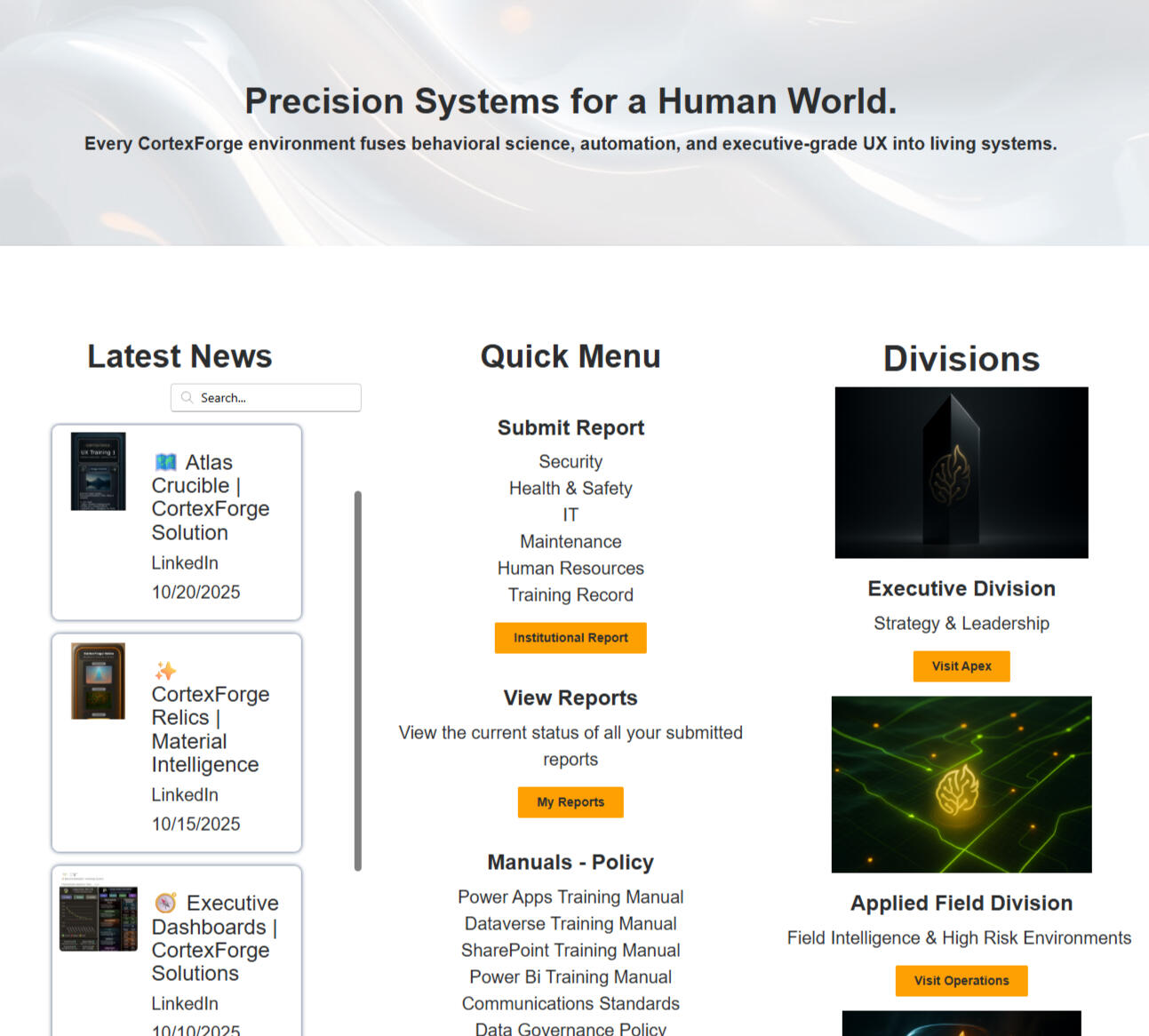 CortexForge Systems — Coordinated Intelligence With Human-Centered Control Interface showing coordinated CortexForge systems and divisions, representing intelligence routed with context intact so humans receive relevant information at the right time without surprise or loss of control.