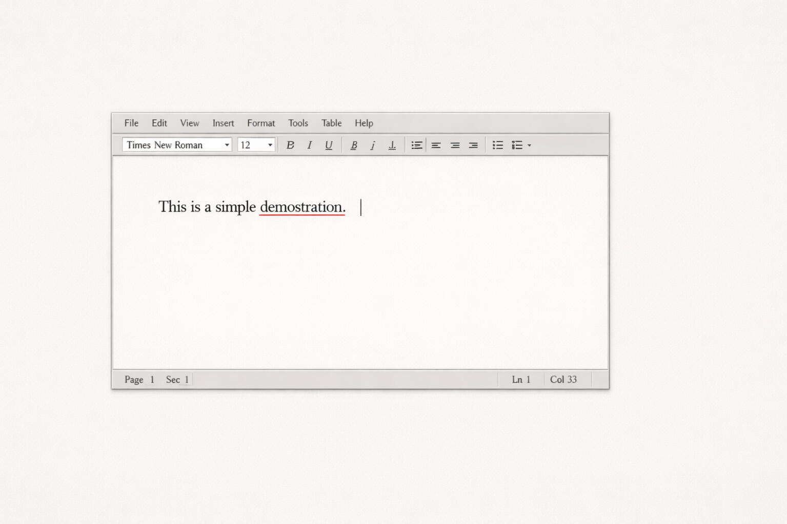 Early word processor interface showing spellcheck underlining a typing error, representing the first stage of computers quietly assisting humans without making decisions or exercising authority.