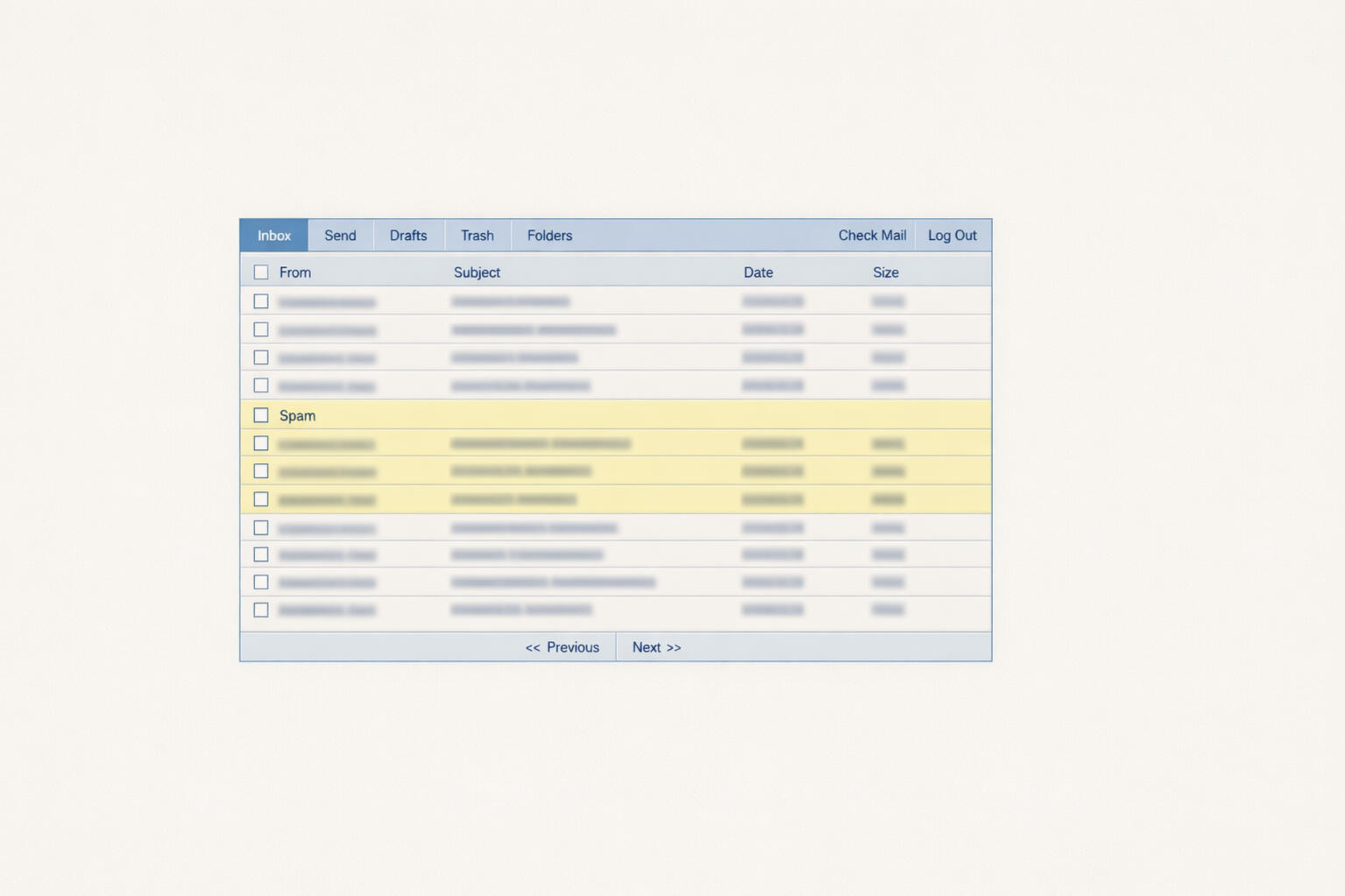 Pattern Spotting — Software Begins Recognizing User Habits Email inbox interface highlighting spam messages, representing early software learning user habits through pattern recognition to filter content without exercising judgment or authority.