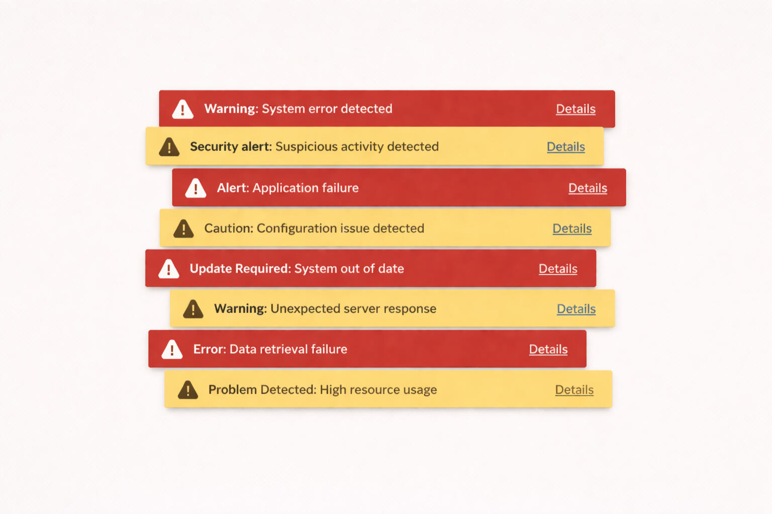 Stacked system alerts and warnings representing real-world disruption, where unexpected events and failures challenged automated systems and exposed the limits of prediction and control.