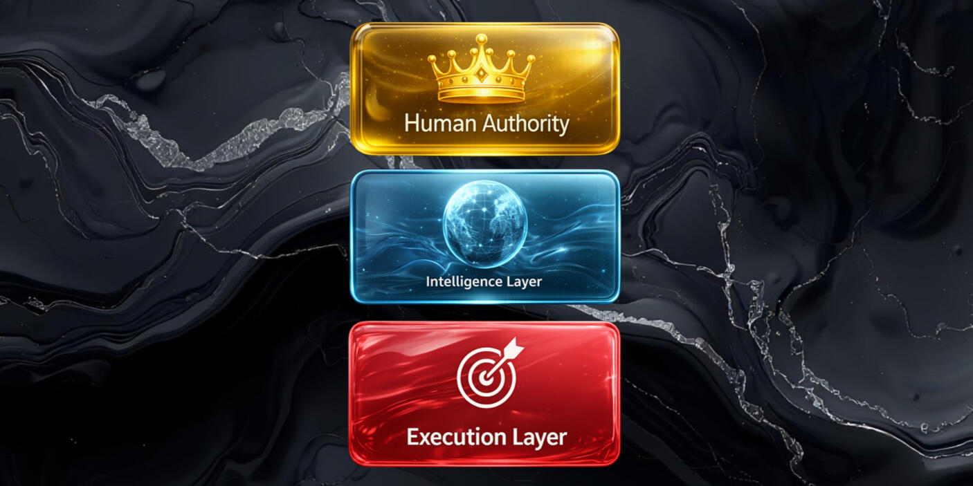 Three glossy stacked panels on a dark marble background. A gold panel with a crown reads “Human Authority,” a blue panel with a globe reads “Intelligence Layer,” and a red panel with a target reads “Execution Layer,” showing a top-down AI structure.