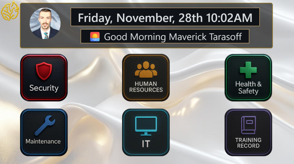 A polished dashboard interface on a silver fabric-like background. It shows a profile photo, the date and time, a greeting to Maverick Tarasoff, and six large tiles labeled Security, Human Resources, Health & Safety, Maintenance, IT, and Training Record.