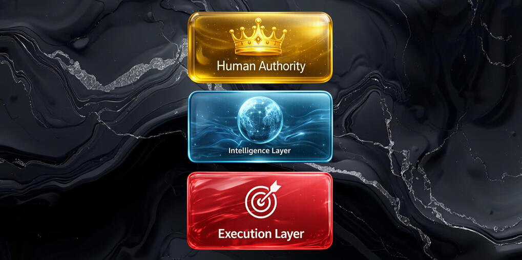 Three glossy stacked panels on a dark marble background. A gold panel with a crown reads “Human Authority,” a blue panel with a globe reads “Intelligence Layer,” and a red panel with a target reads “Execution Layer,” showing a top-down AI structure.