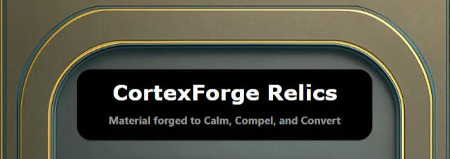 Essay card for Material Intelligence, showing a CortexForge Relics preview and text about how digital surfaces shape how people feel and work.